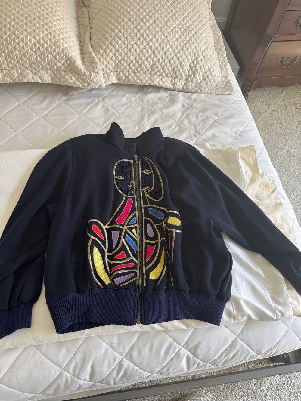 Navy Zip Front Jacket with Colorful Abstract Appliqué